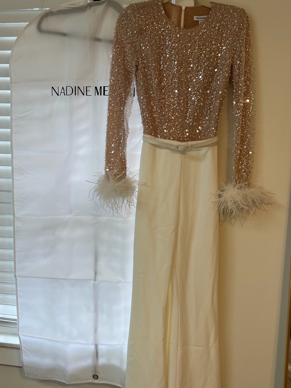 NADINE MERABI Blush Sequin Top with Cream Wide-Leg Jumpsuit